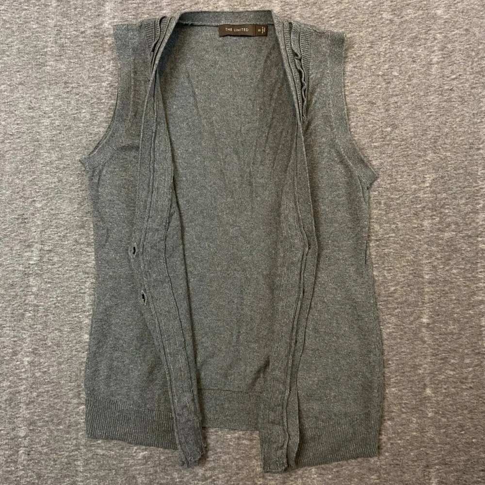 VTG Sweater Vest Size XS The Limited Gray Ruffle Button Sleeveless Cardigan Top - Picture 4 of 6